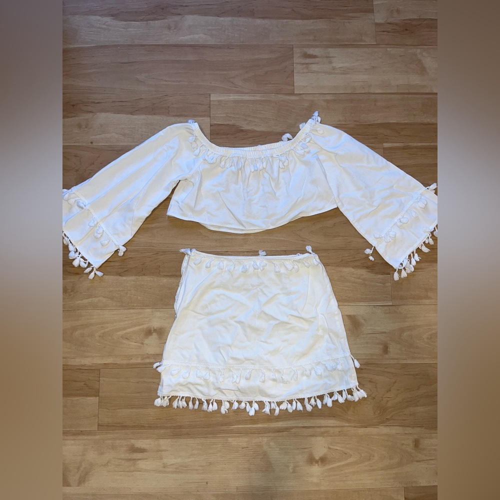 White Bridal Two Piece Fringe Vacation Skirt and Top Set